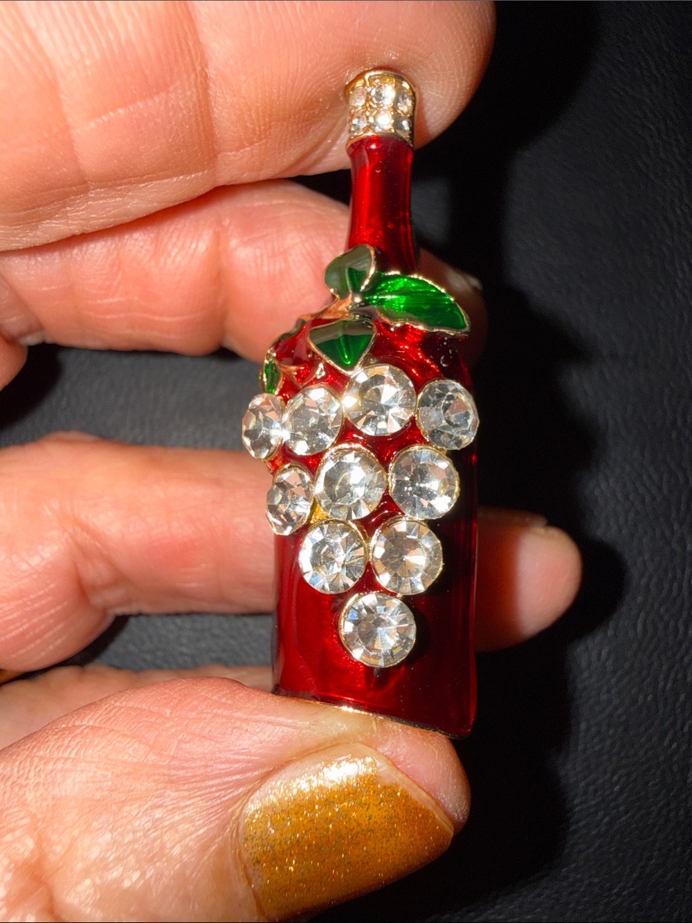 Red Bottle Brooch with Clear Crystal Grapes and Green Leaf Accents